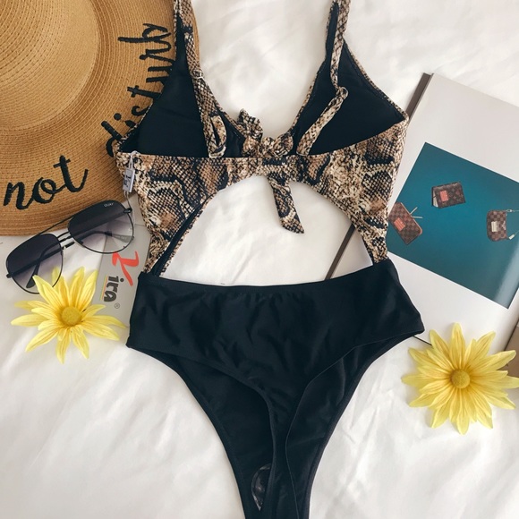 Snake print front tie one piece bikini - Picture 2 of 5